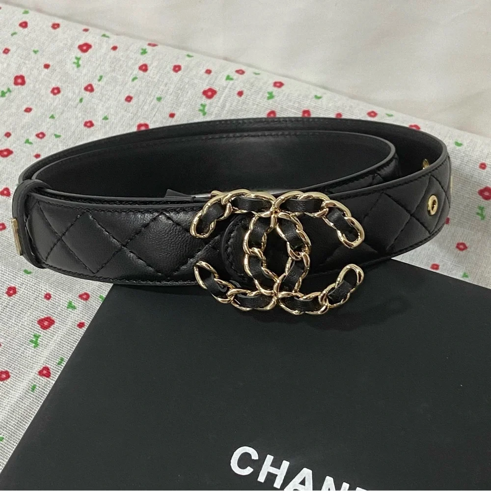 Chanel Black Quilted Leather Belt Interwoven CC Buckle
